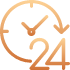 Icon: Eine goldene Uhr mit einer 24 und einem Pfeil, für 24/7 Service.